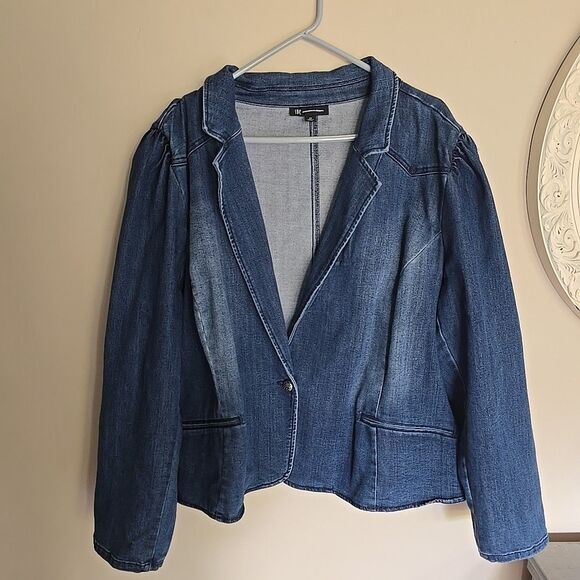 I.N.C. International Concepts Puff-Sleeve Denim Blazer 4X Jeans Jacket Womens - Picture 1 of 8